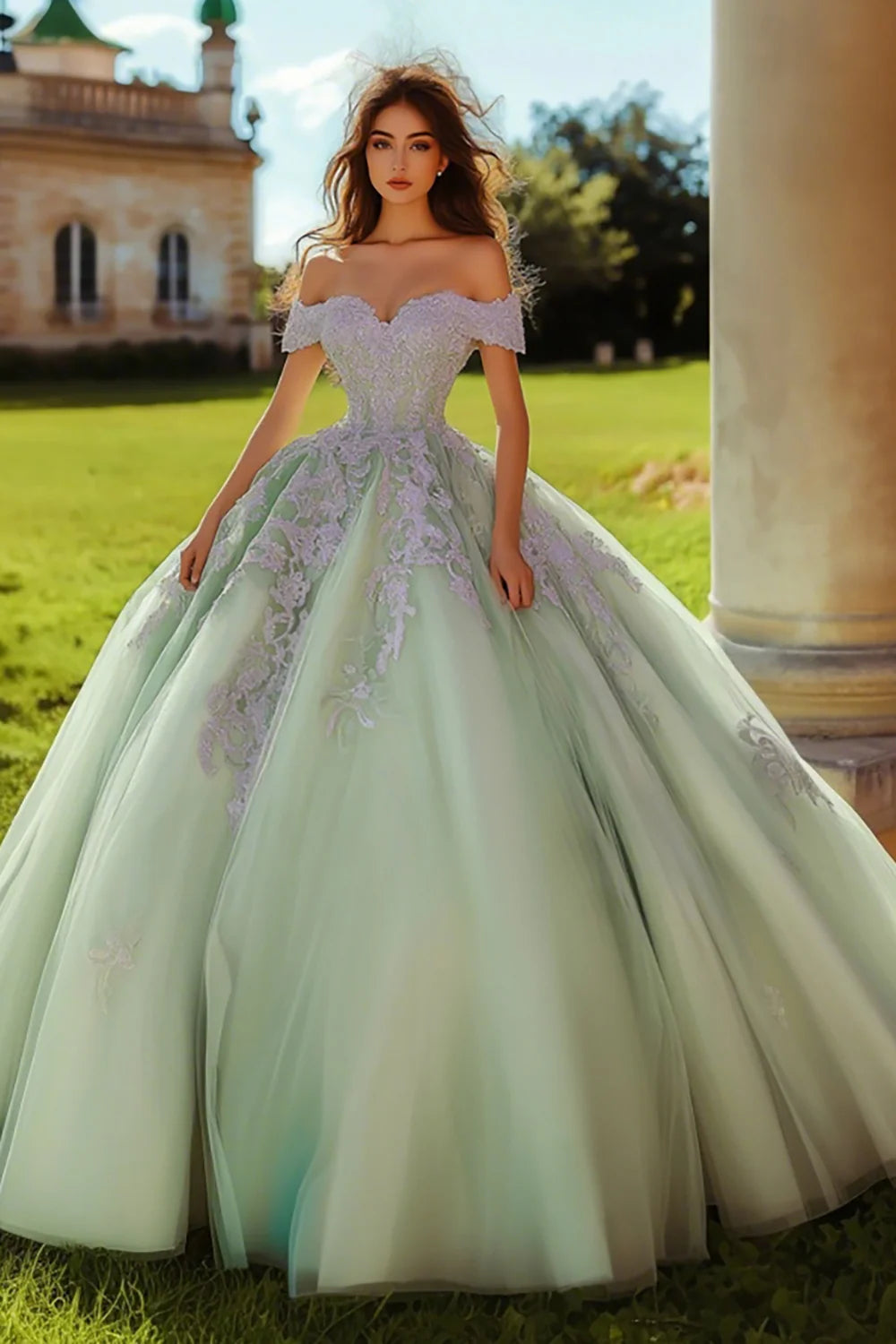 Dusty Sage Tulle Ball Gown Long Quinceanera Dress with Lace