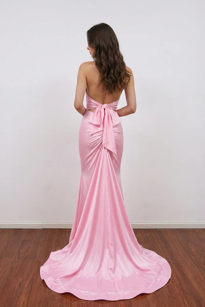 Side profile of the mermaid prom dress, highlighting the floor-length train.