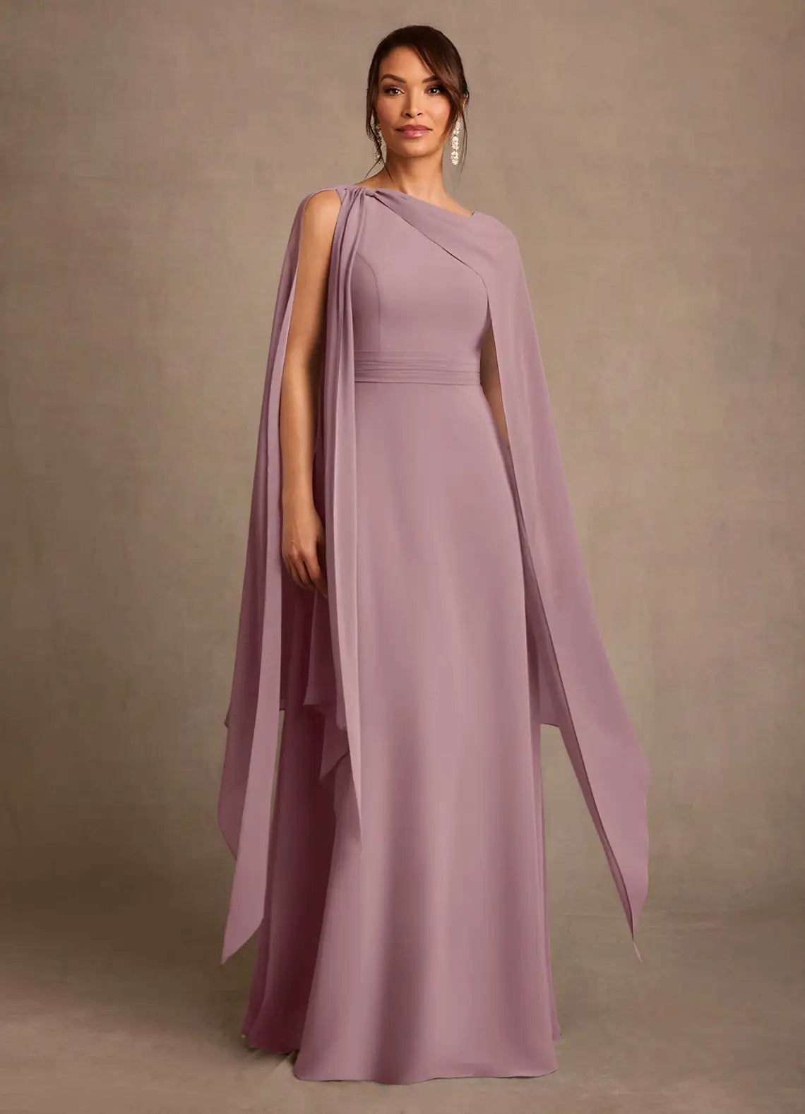 Elegant A-Line Asymmetrical-Neck Cape-Sleeve Floor-Length Chiffon Mother of the Bride Dress