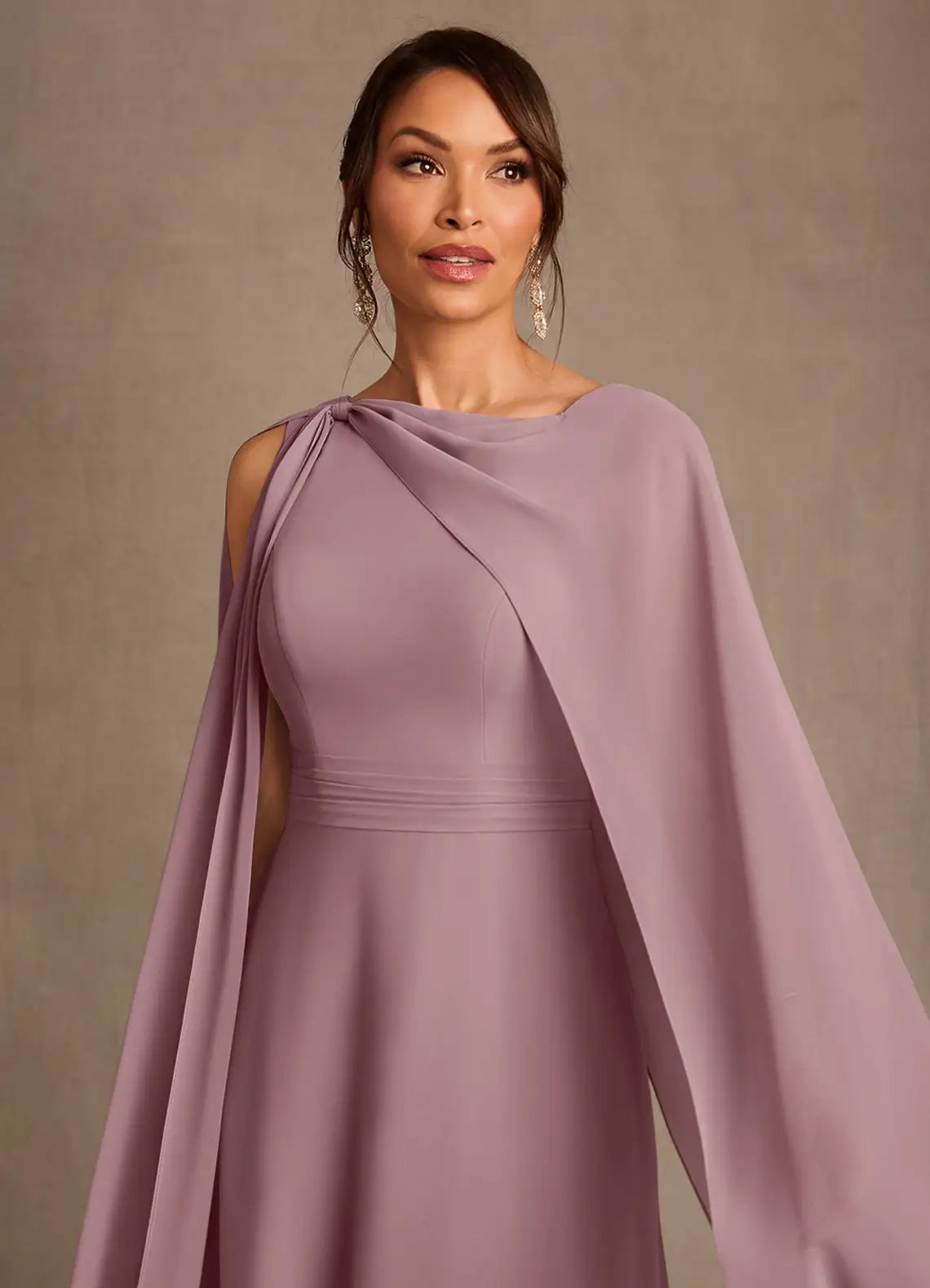 Elegant A-Line Asymmetrical-Neck Cape-Sleeve Floor-Length Chiffon Mother of the Bride Dress