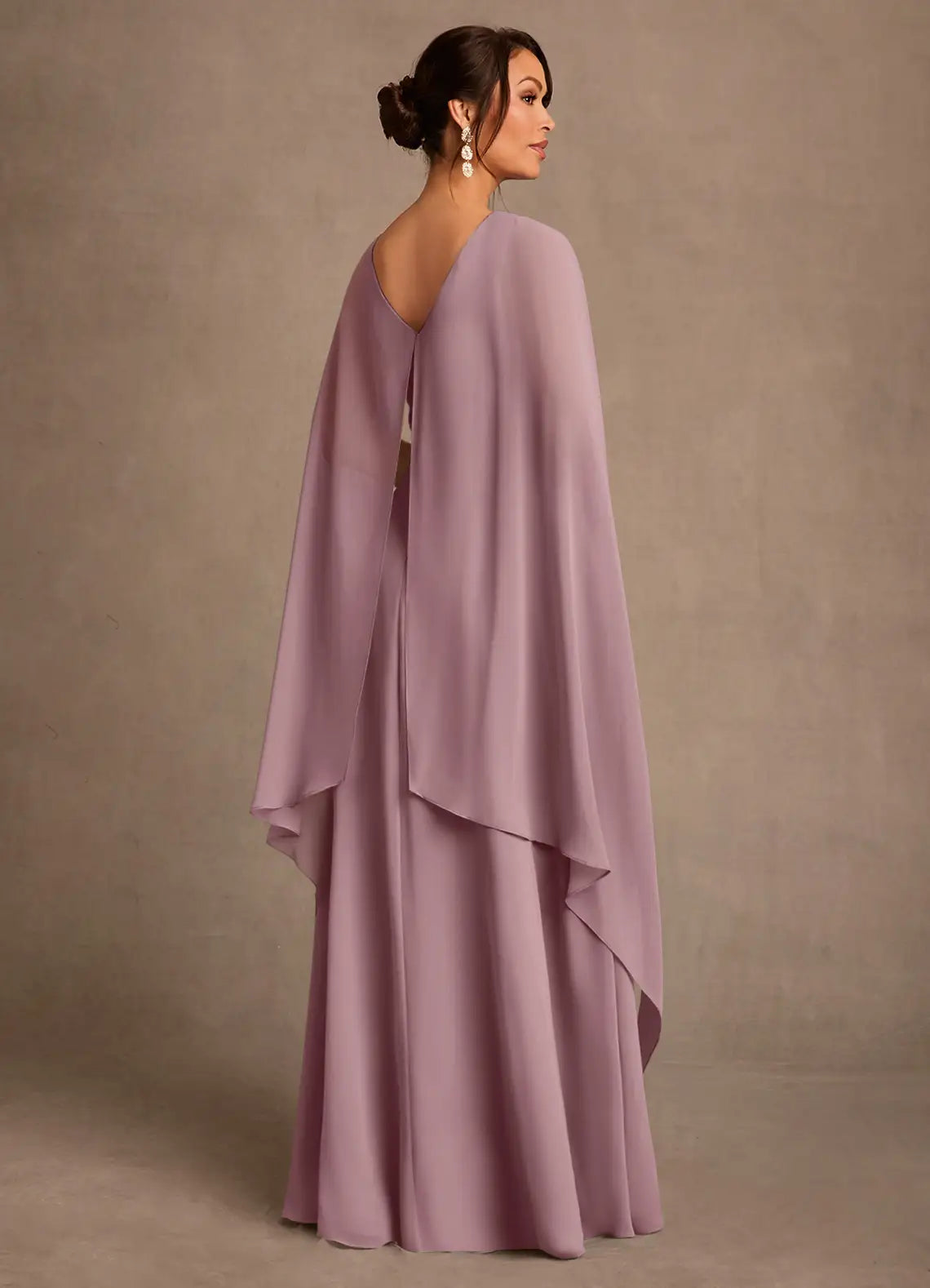 Elegant A-Line Asymmetrical-Neck Cape-Sleeve Floor-Length Chiffon Mother of the Bride Dress