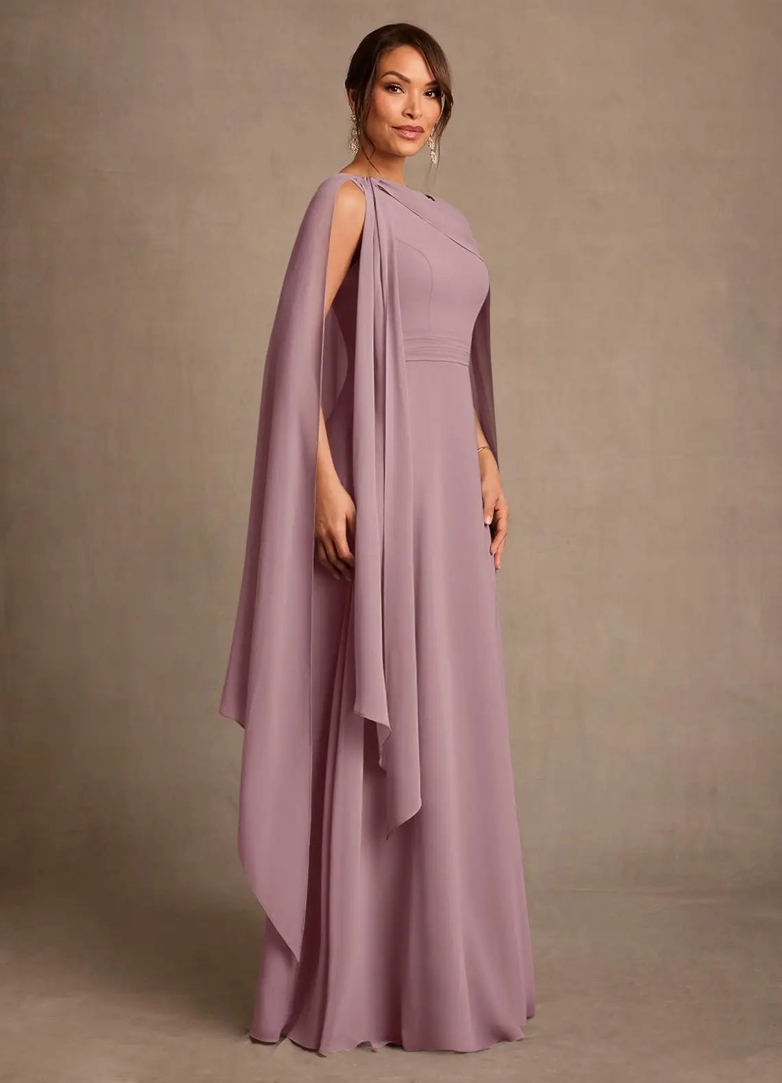 Elegant A-Line Asymmetrical-Neck Cape-Sleeve Floor-Length Chiffon Mother of the Bride Dress