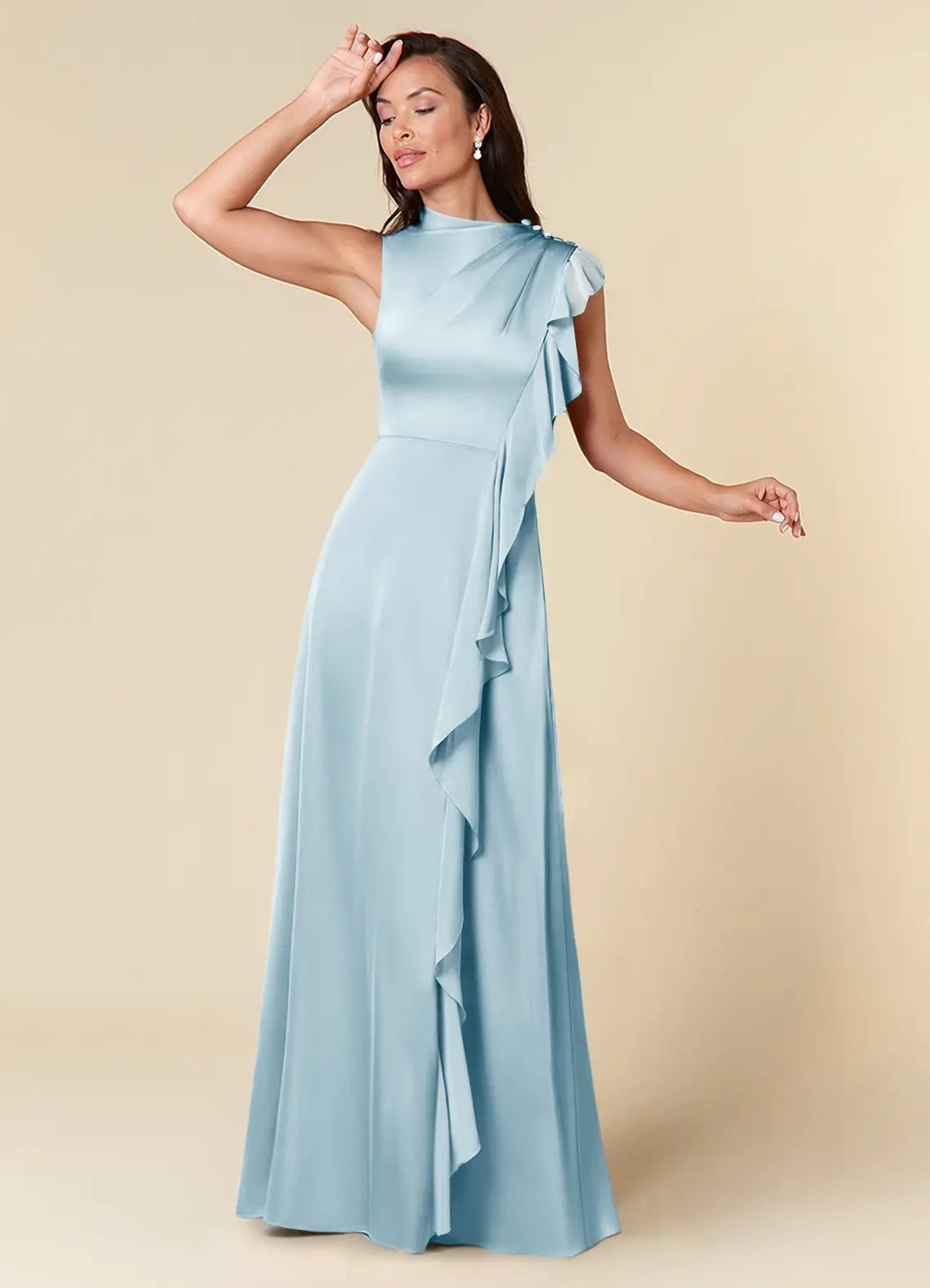 Elegant A-Line Asymmetrical Neck Satin Ruffle Floor Length Mother of the Bride Dress