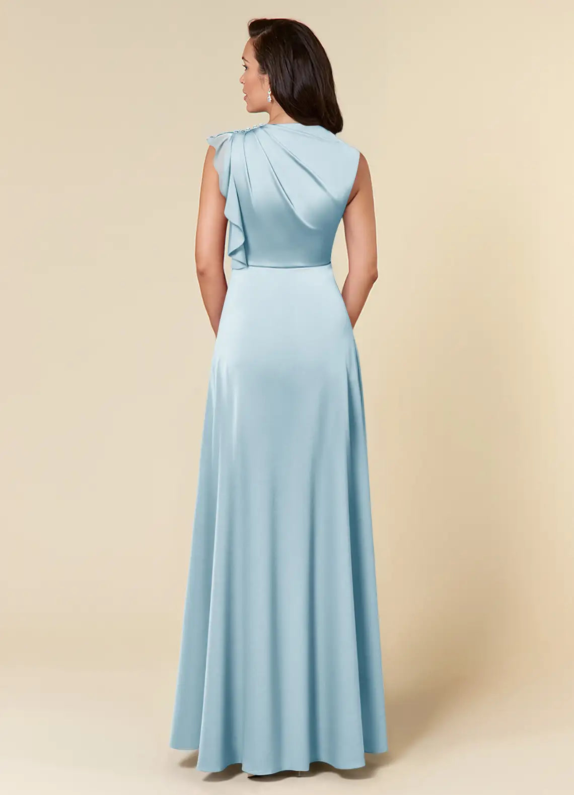 Elegant A-Line Asymmetrical Neck Satin Ruffle Floor Length Mother of the Bride Dress