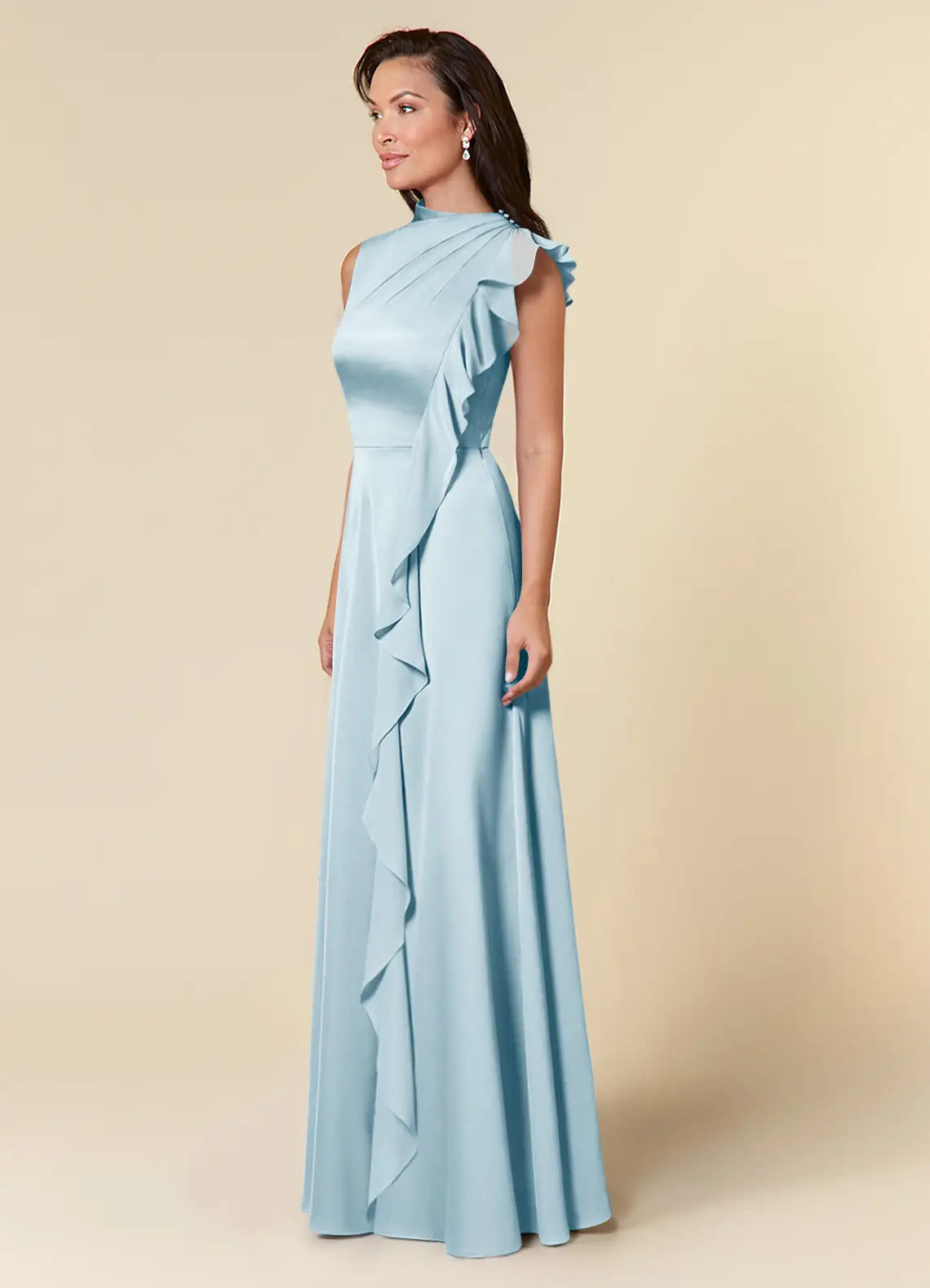 Elegant A-Line Asymmetrical Neck Satin Ruffle Floor Length Mother of the Bride Dress