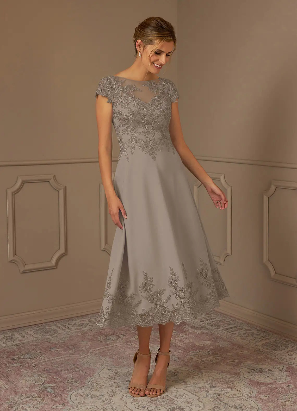 Elegant A-Line Bateau-Neck Cap-Sleeve Tea-Length Lace & Crepe Mother of the Bride Dress