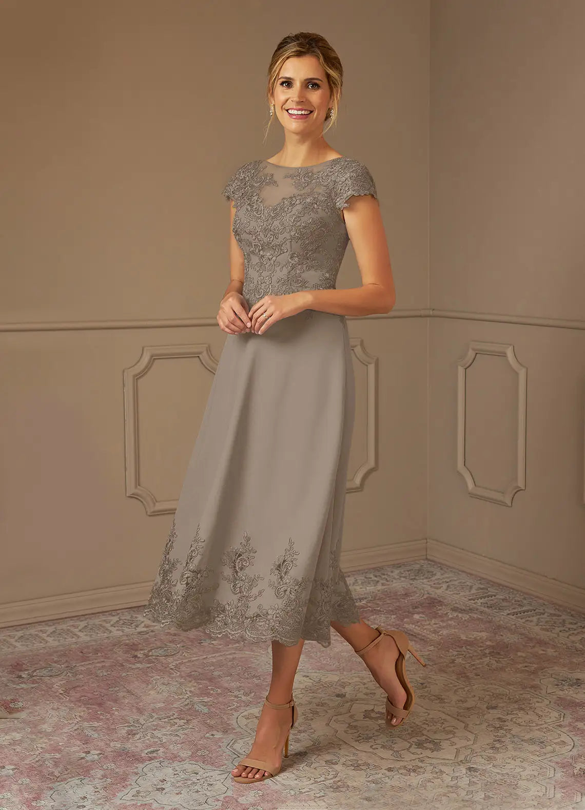 Elegant A-Line Bateau-Neck Cap-Sleeve Tea-Length Lace & Crepe Mother of the Bride Dress