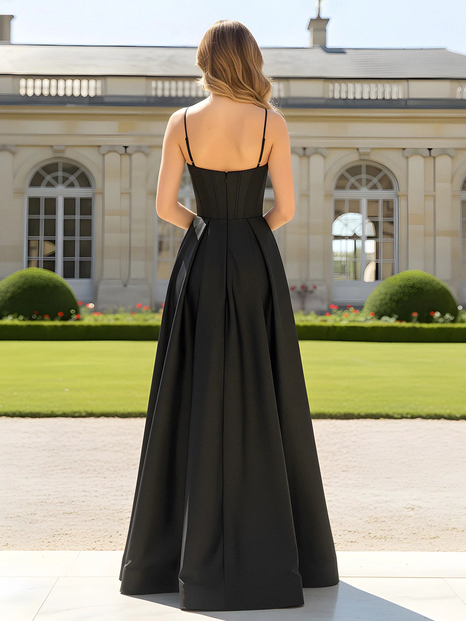 Elegant A-Line Cowl Neck Spaghetti Straps Closed Back Floor Length Evening Dresses
