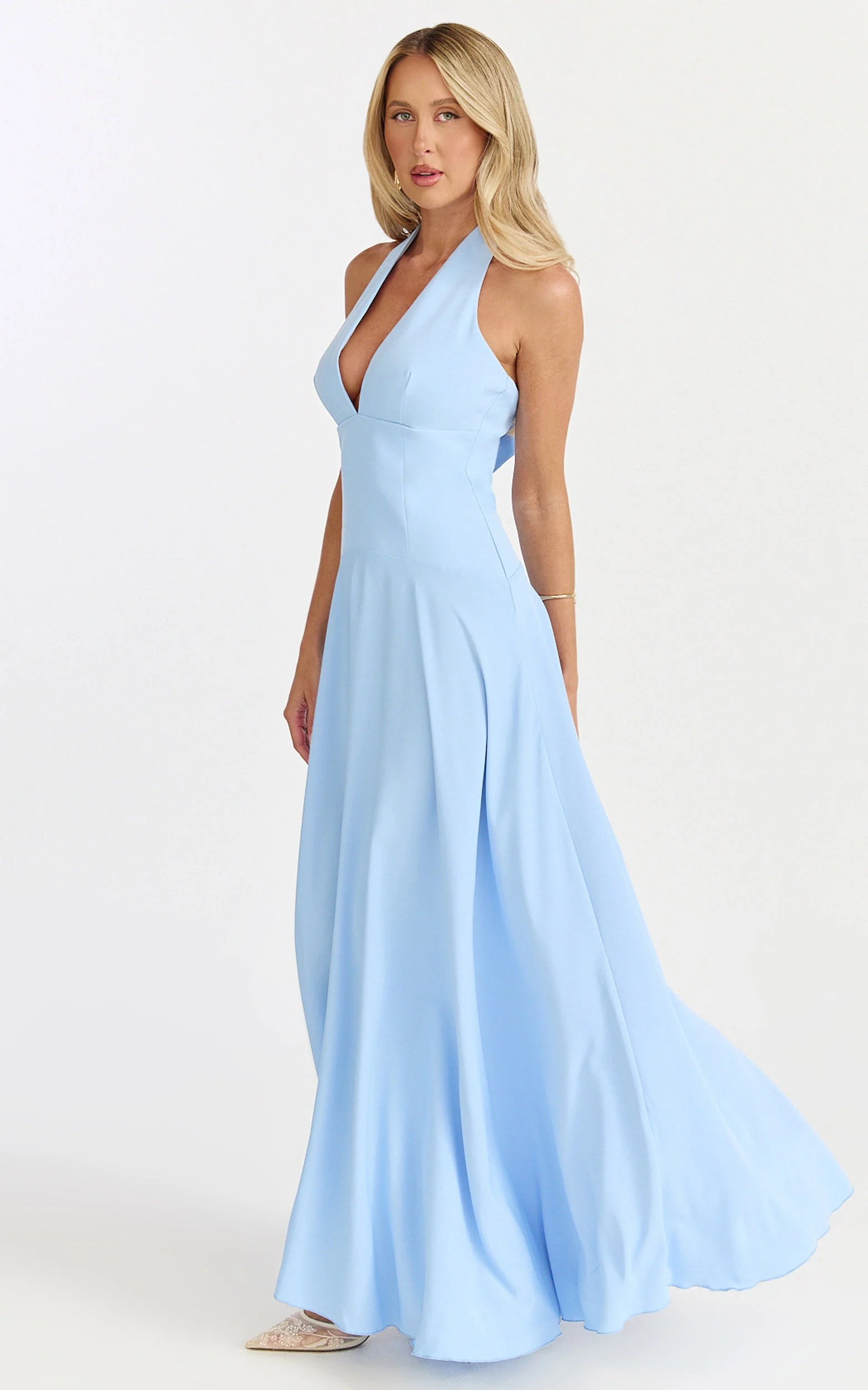 Elegant A-Line Halter-Neck Bow-Back Sleeveless Light Blue Evening Dress