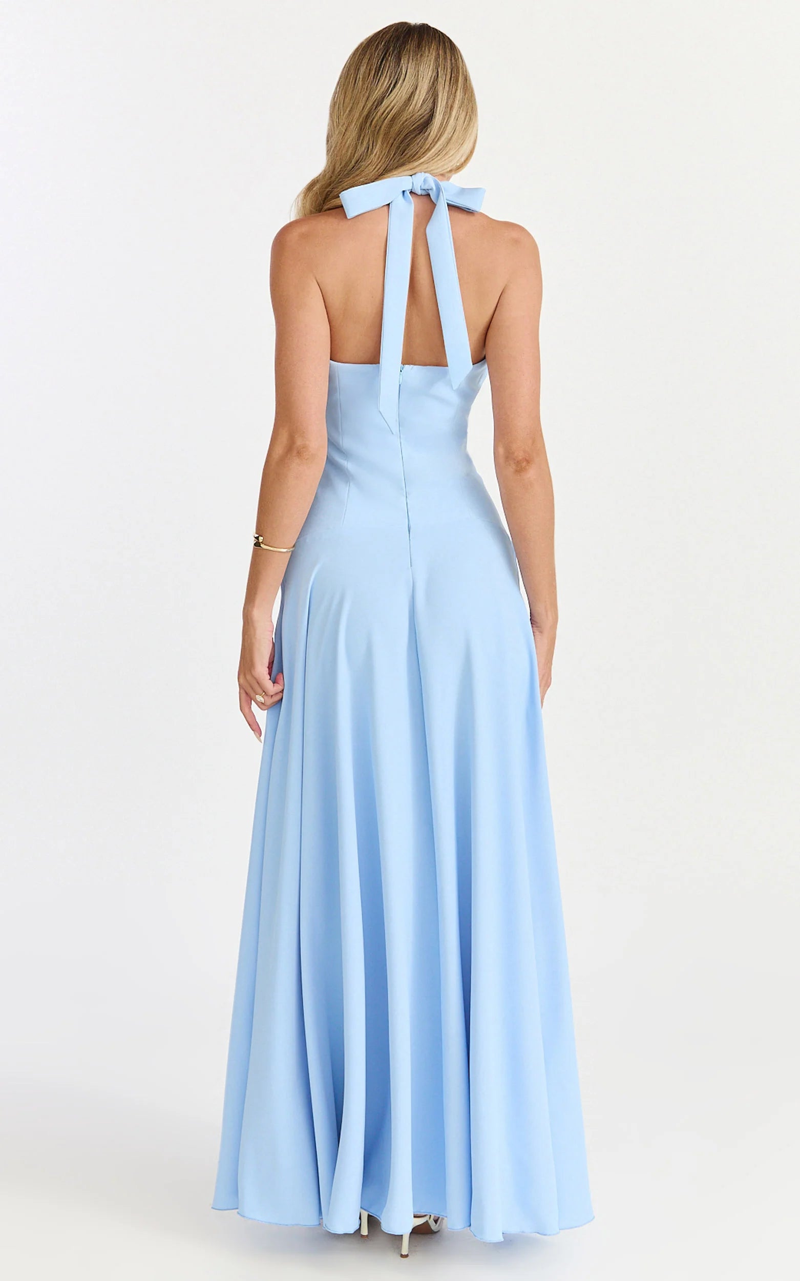 Elegant A-Line Halter-Neck Bow-Back Sleeveless Light Blue Evening Dress
