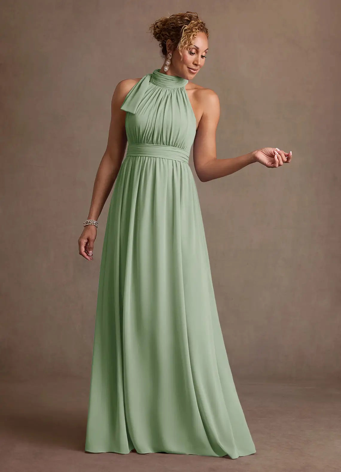 Elegant A-Line Halter Chiffon Bow Detail Floor Length Mother of the Bride Dress