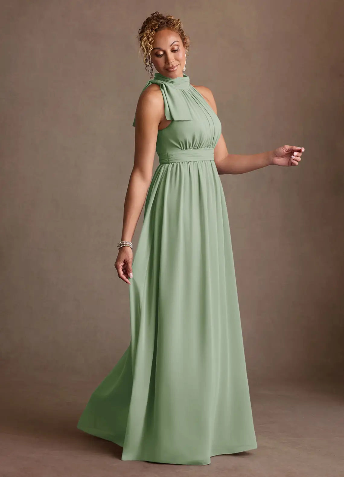 Elegant A-Line Halter Chiffon Bow Detail Floor Length Mother of the Bride Dress