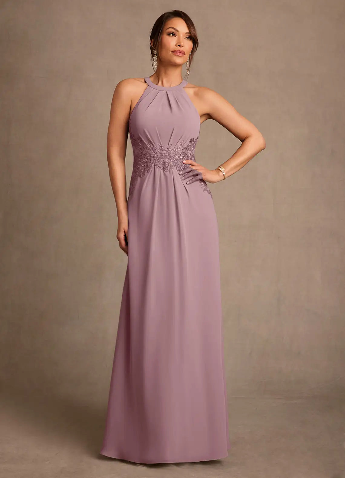 Elegant A-Line Halter Chiffon Lace Waist Floor Length Mother of the Bride Dress