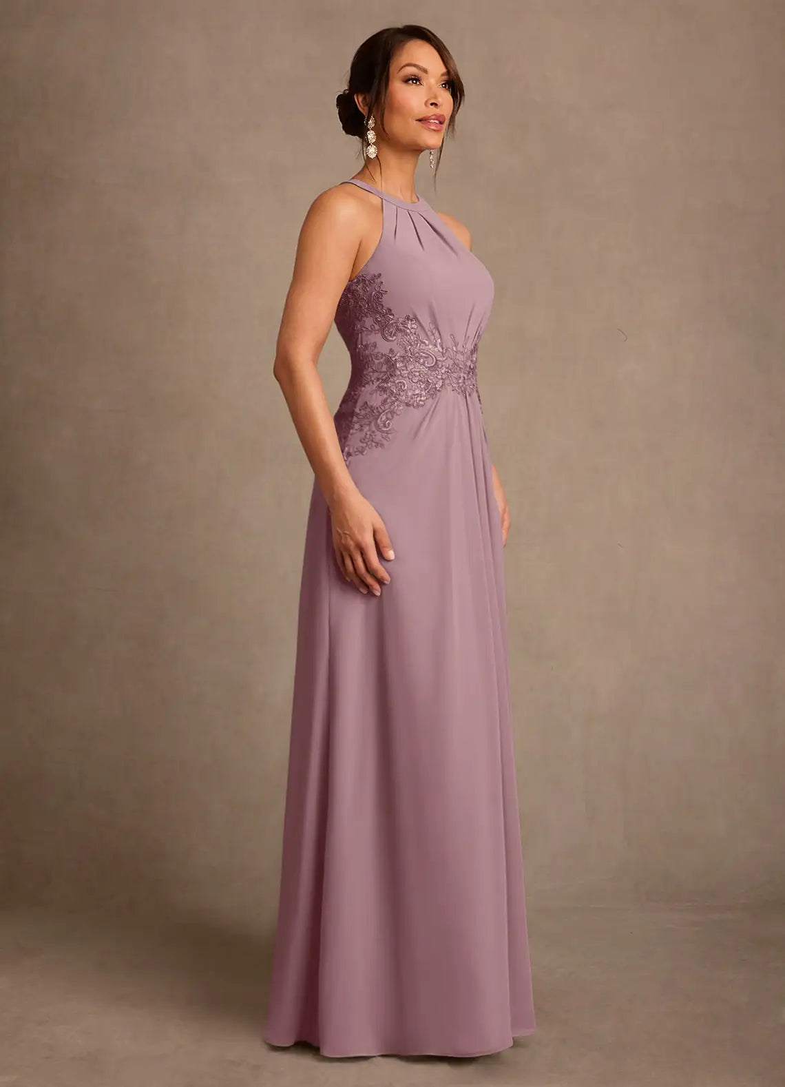 Elegant A-Line Halter Chiffon Lace Waist Floor Length Mother of the Bride Dress