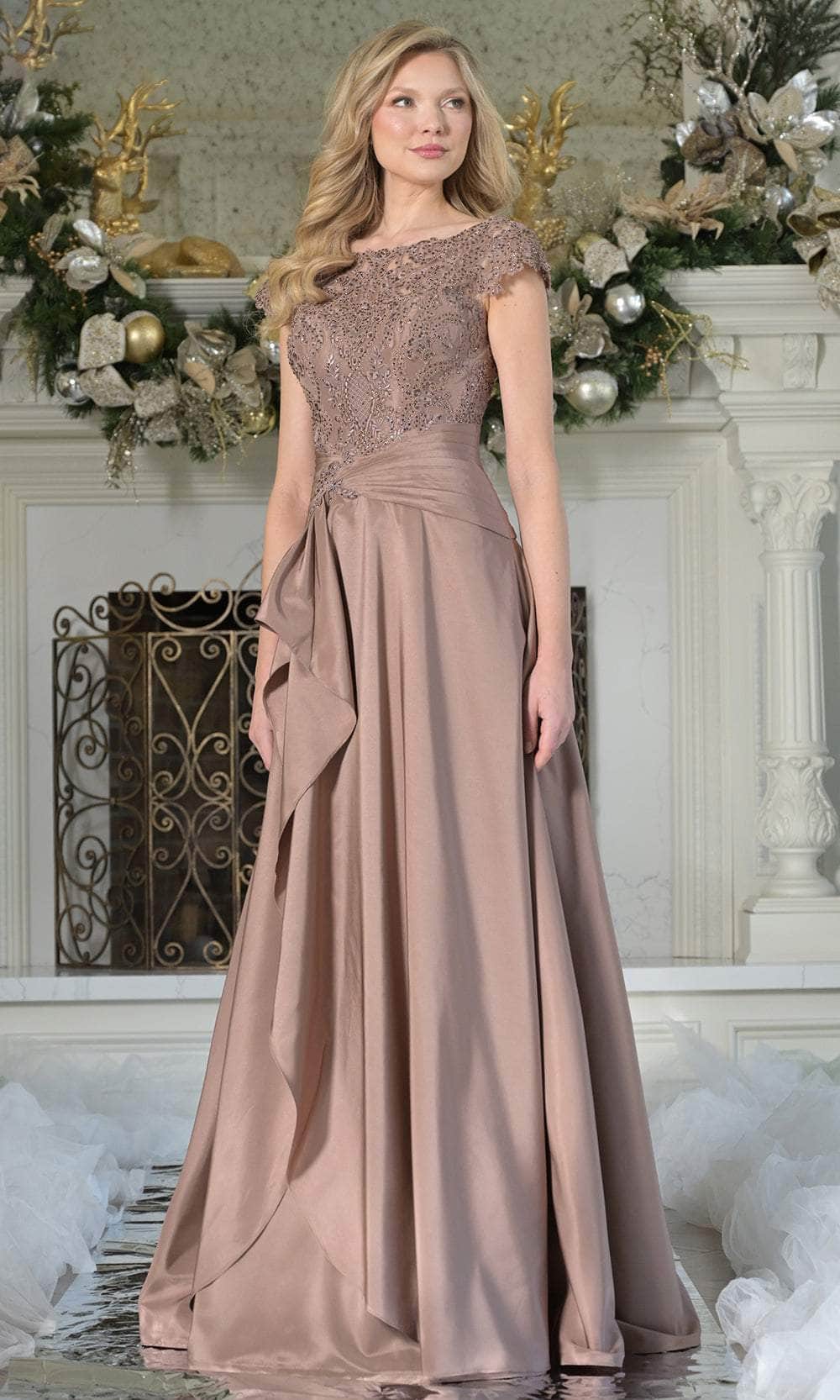 Elegant A-Line Illusion-Neck Cap-Sleeve Zipper-Back Floor-Length Lace Mother of the Bride Dress