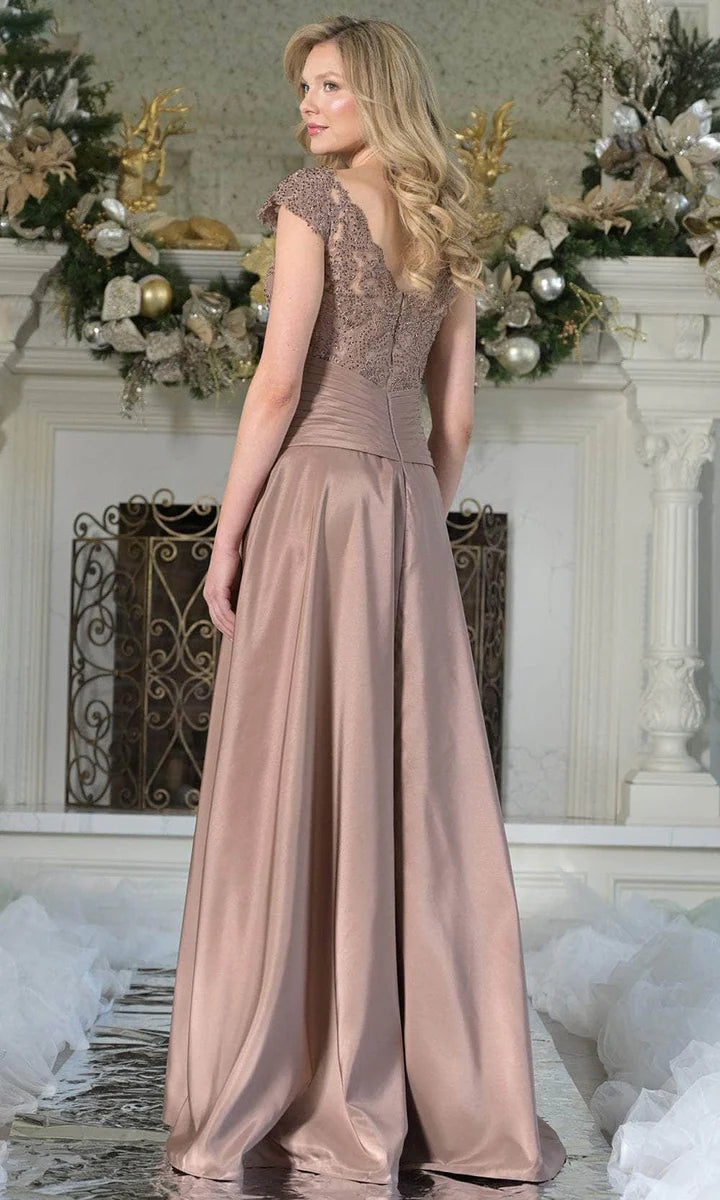 Elegant A-Line Illusion-Neck Cap-Sleeve Zipper-Back Floor-Length Lace Mother of the Bride Dress