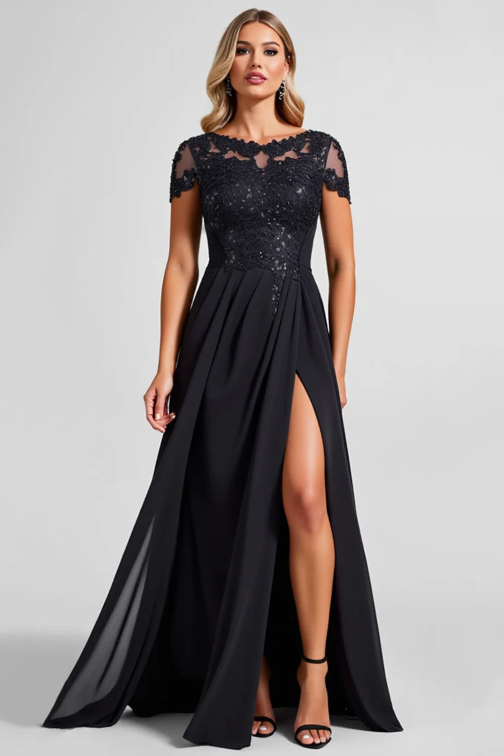 Elegant A-Line Illusion Neck Short Sleeve Lace Bodice Slit Chiffon Mother of the Bride Dress