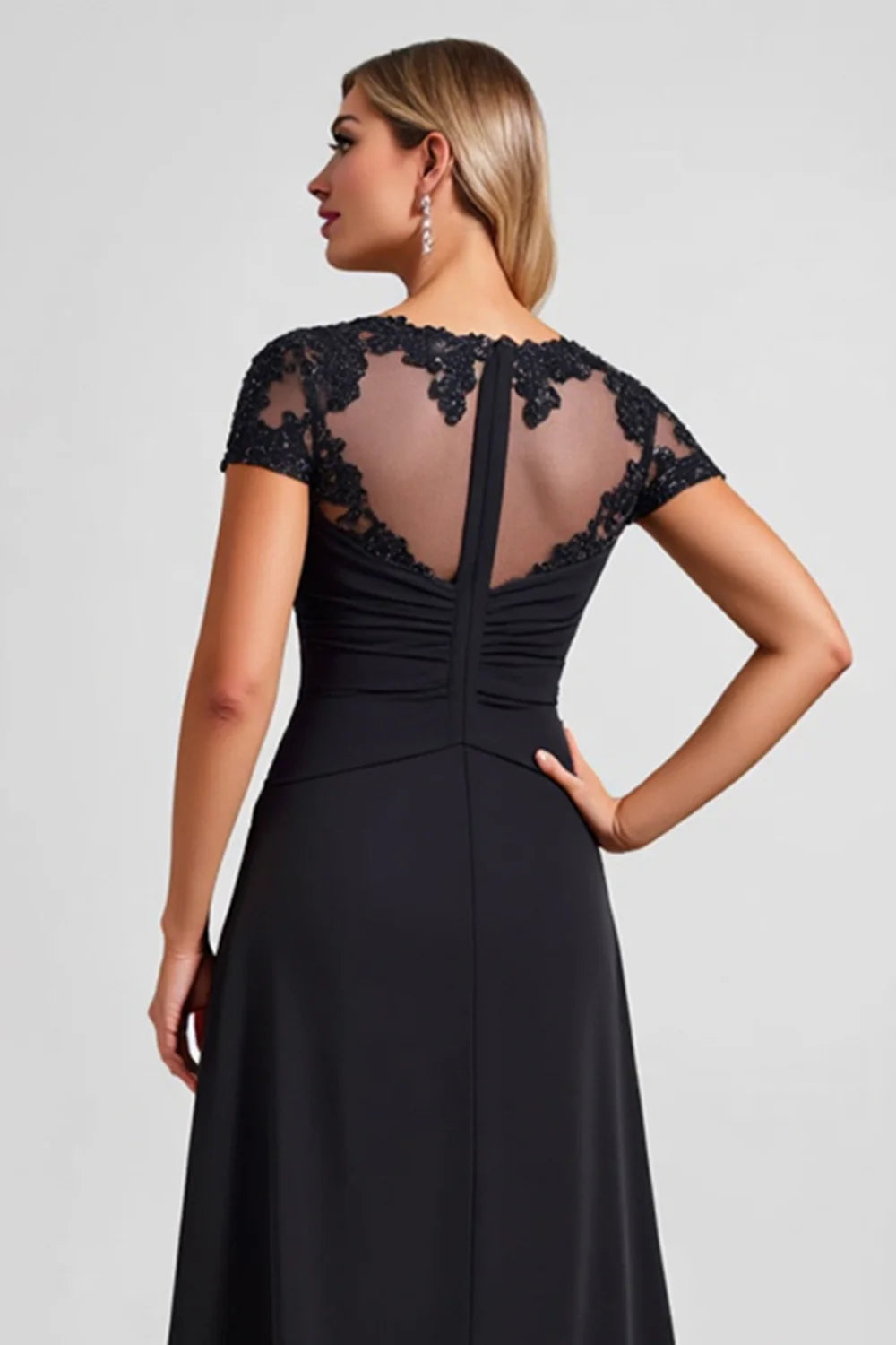 Elegant A-Line Illusion Neck Short Sleeve Lace Bodice Slit Chiffon Mother of the Bride Dress