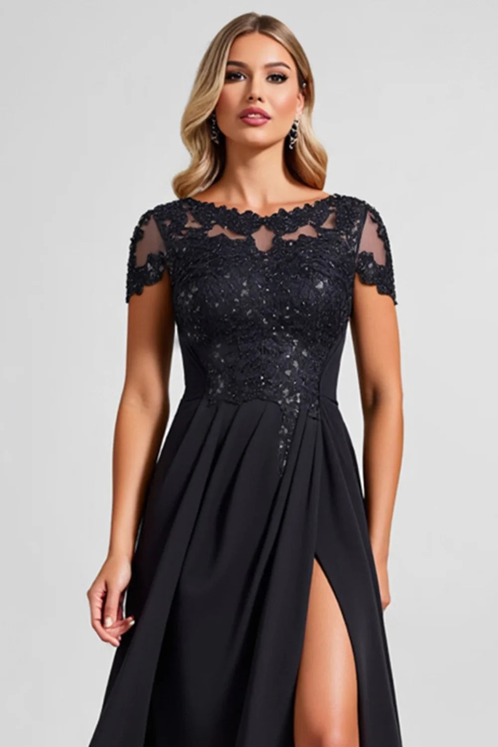 Elegant A-Line Illusion Neck Short Sleeve Lace Bodice Slit Chiffon Mother of the Bride Dress