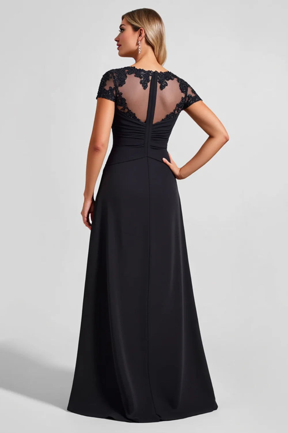Elegant A-Line Illusion Neck Short Sleeve Lace Bodice Slit Chiffon Mother of the Bride Dress
