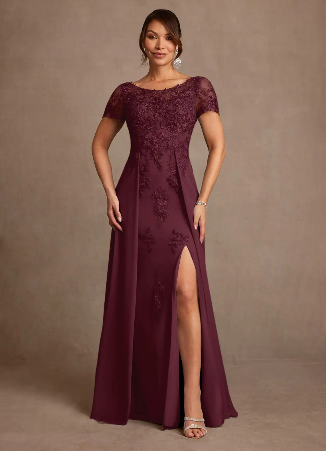 Elegant A-Line Lace Chiffon Short Sleeve Illusion Back Slit Floor Length Mother of the Bride Dress