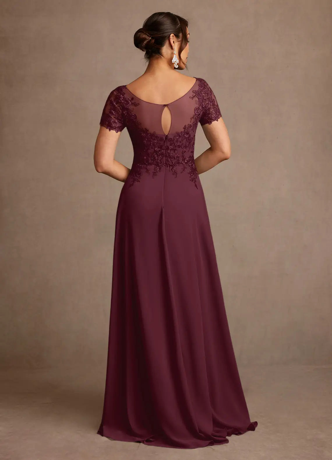 Elegant A-Line Lace Chiffon Short Sleeve Illusion Back Slit Floor Length Mother of the Bride Dress