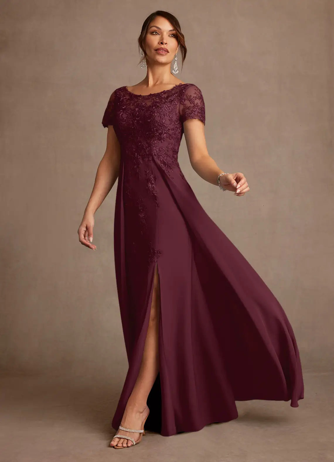Elegant A-Line Lace Chiffon Short Sleeve Illusion Back Slit Floor Length Mother of the Bride Dress