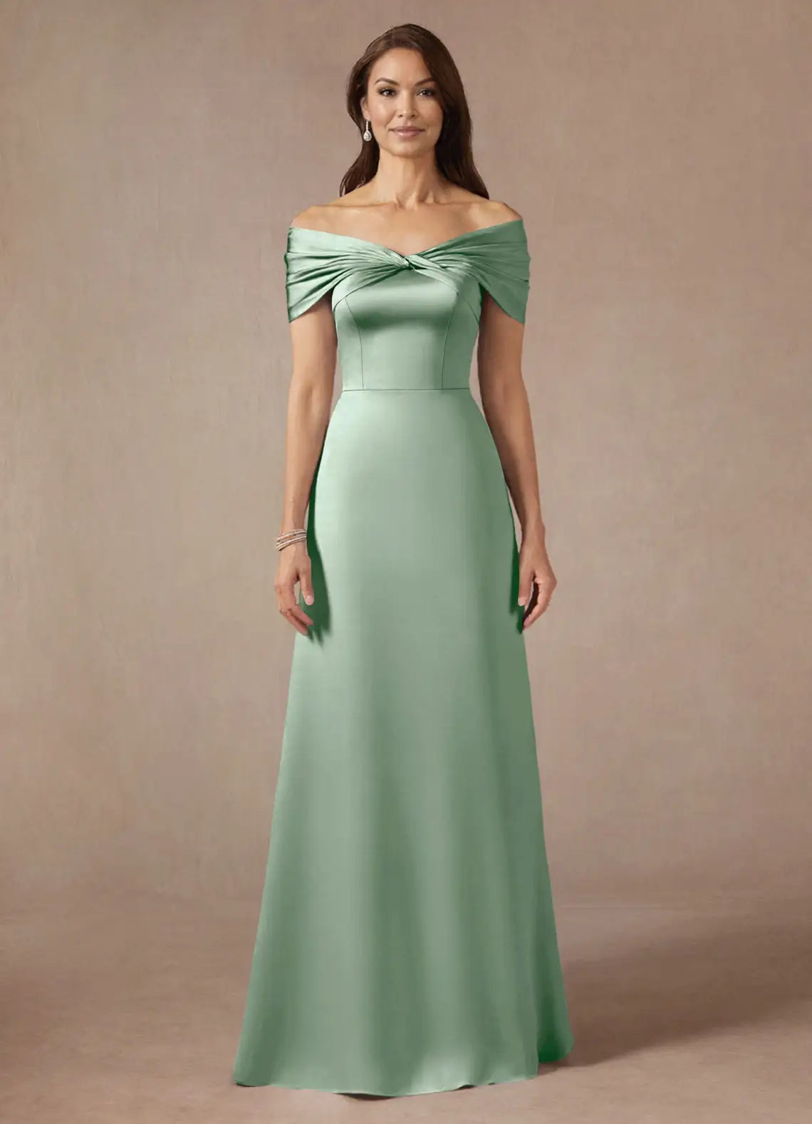 Elegant A-Line Off-the-Shoulder Satin Knot Floor Length Mother of the Bride Dress