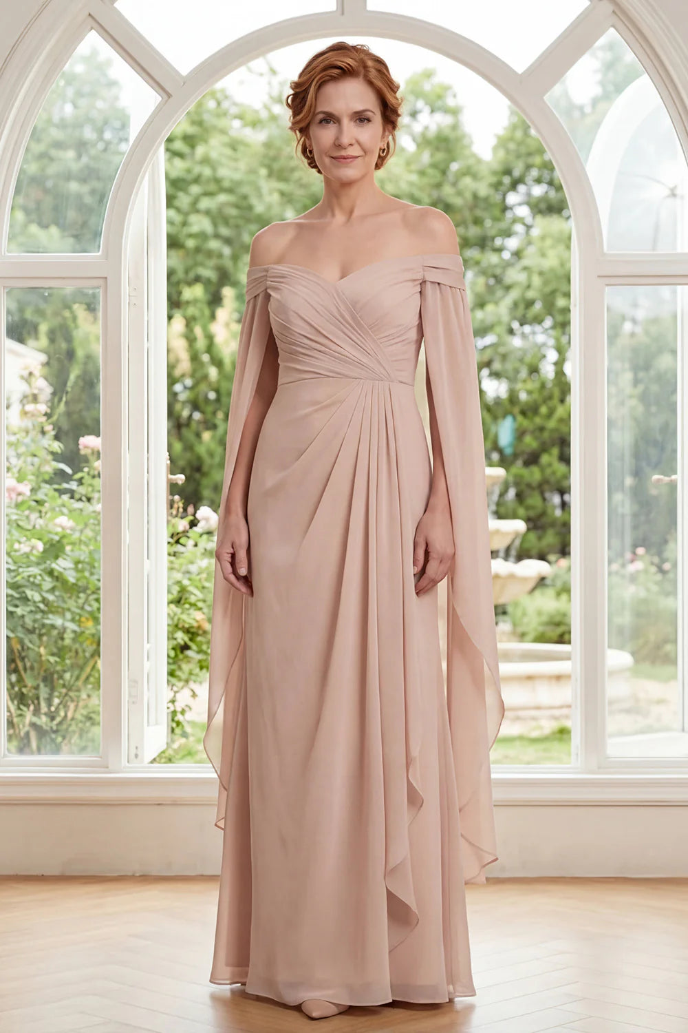 Elegant A-Line Off-the-Shoulder Split Sleeve Ruched Floor Length Mother of the Bride Dress