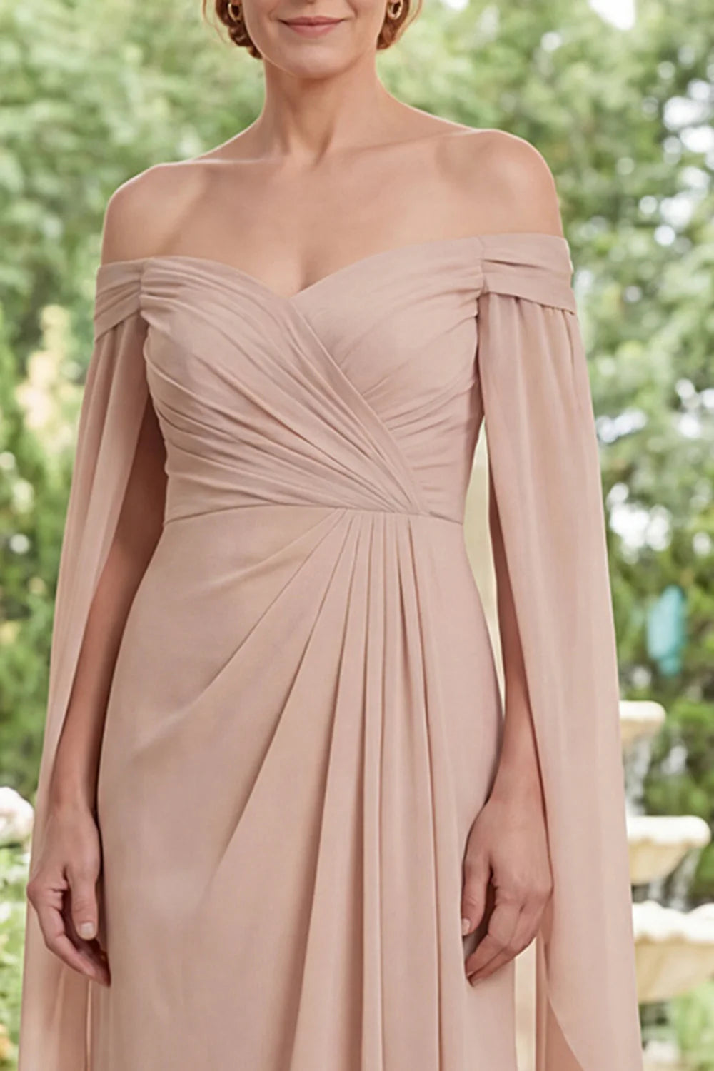 Elegant A-Line Off-the-Shoulder Split Sleeve Ruched Floor Length Mother of the Bride Dress