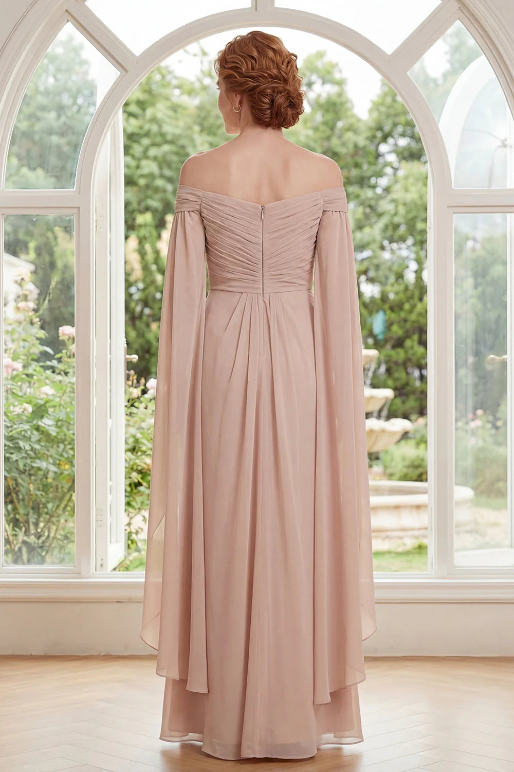 Elegant A-Line Off-the-Shoulder Split Sleeve Ruched Floor Length Mother of the Bride Dress