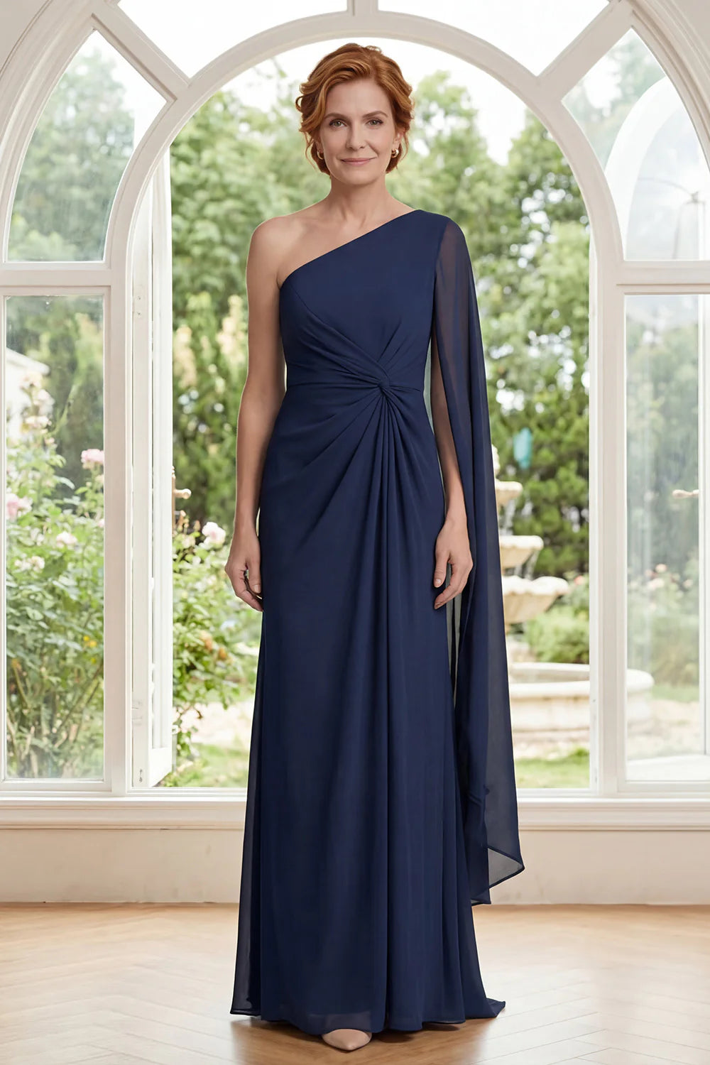 Elegant A-Line One-Shoulder Chiffon Cape Sleeve Knot Floor Length Mother of the Bride Dress