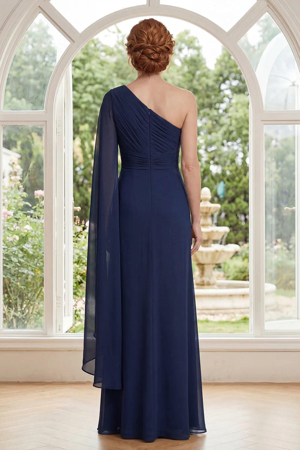Elegant A-Line One-Shoulder Chiffon Cape Sleeve Knot Floor Length Mother of the Bride Dress
