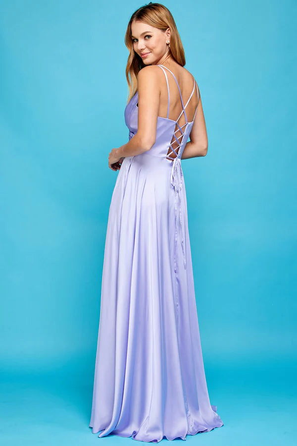 Elegant A-Line Satin Evening Dress with V-Neck, Crisscross Lace-Up Back, and High Slit