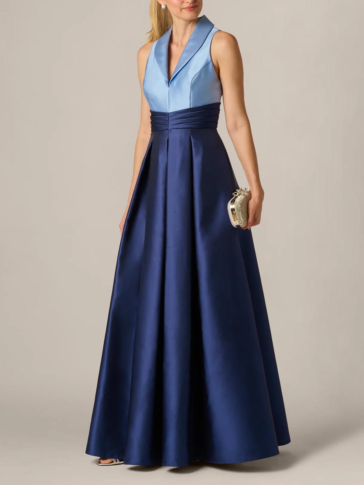 Elegant A-Line Shawl-Collar Sleeveless Zipper-Back Color-Block Satin Evening Dress