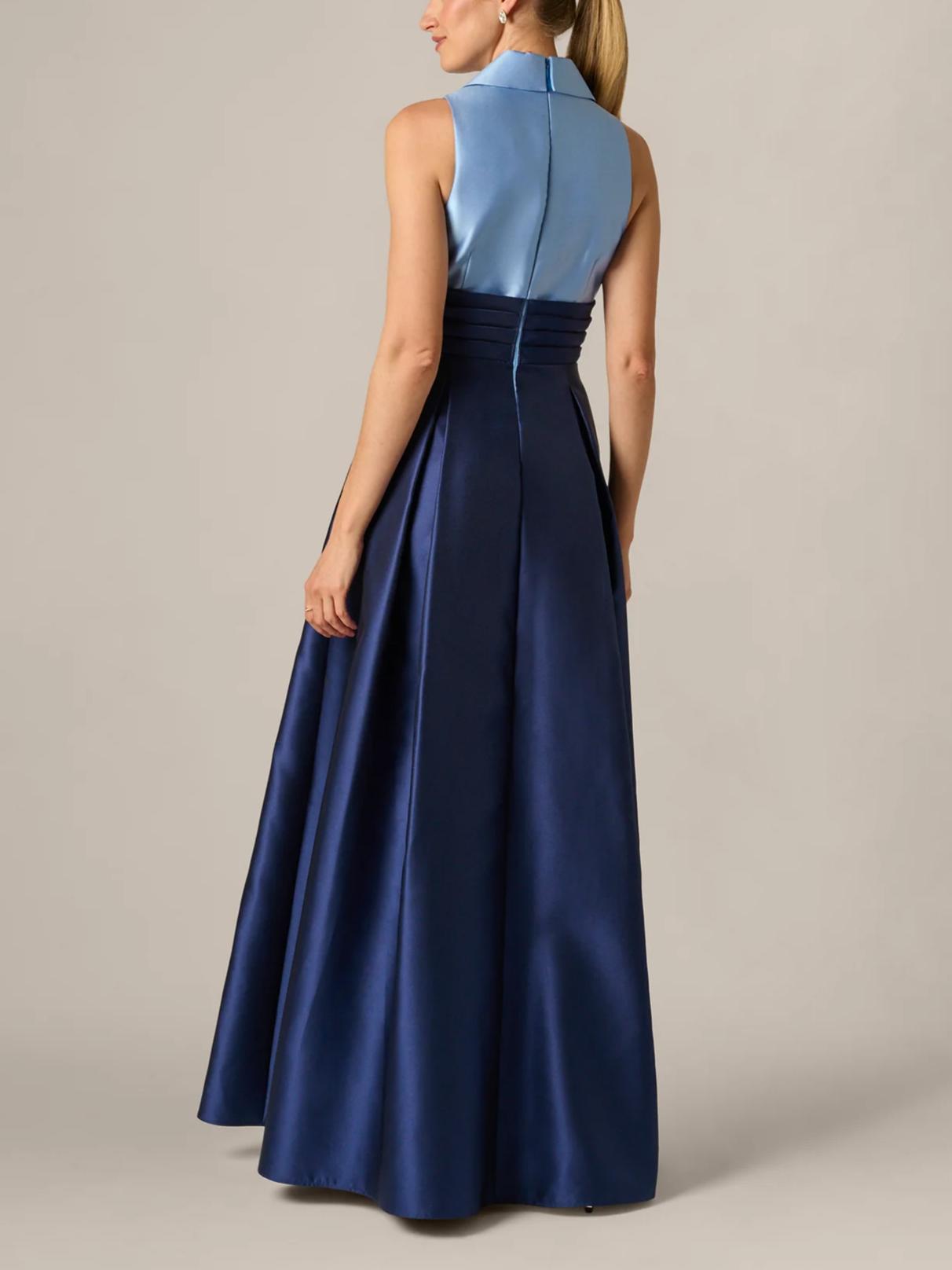 Elegant A-Line Shawl-Collar Sleeveless Zipper-Back Color-Block Satin Evening Dress