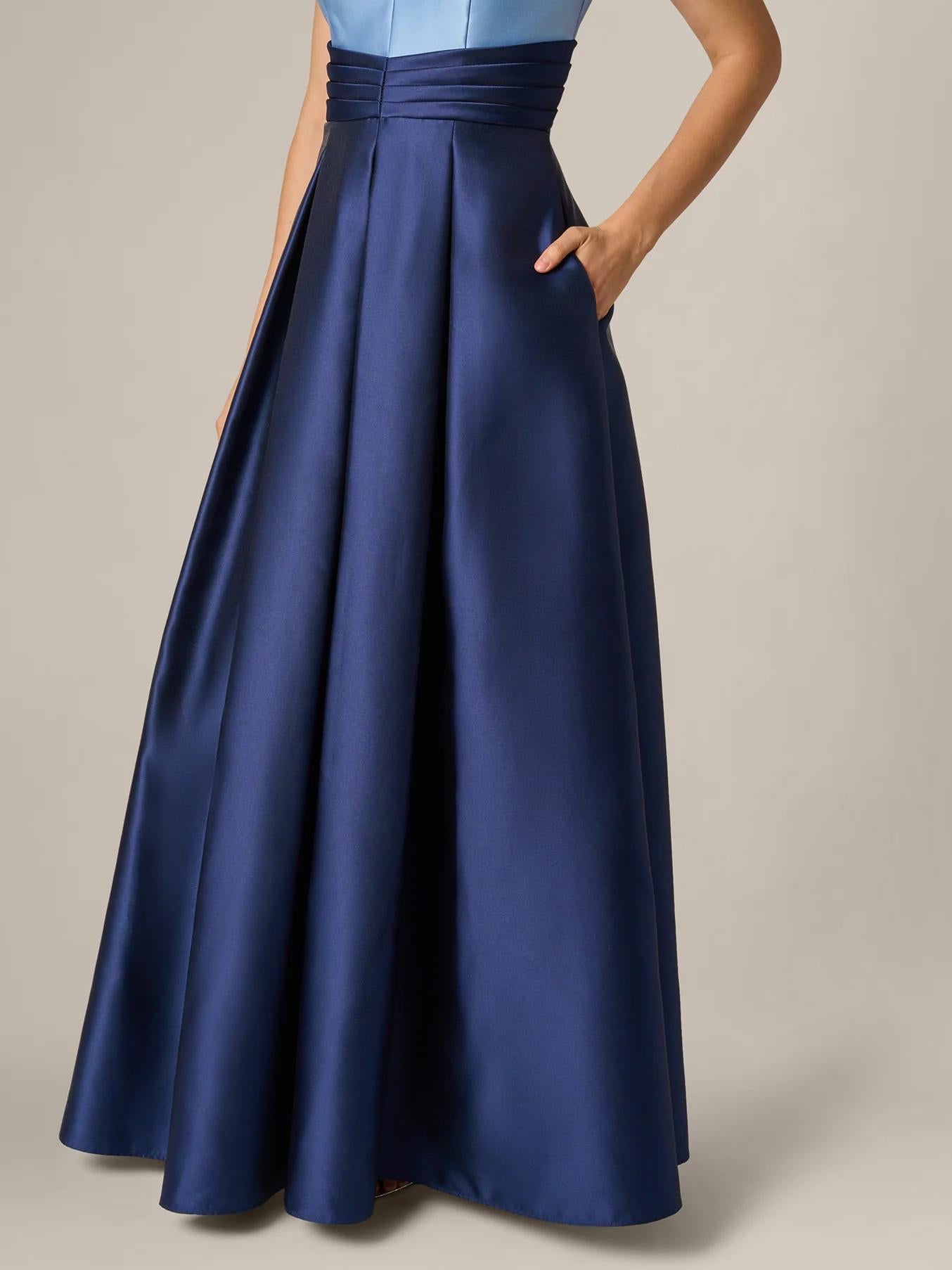 Elegant A-Line Shawl-Collar Sleeveless Zipper-Back Color-Block Satin Evening Dress