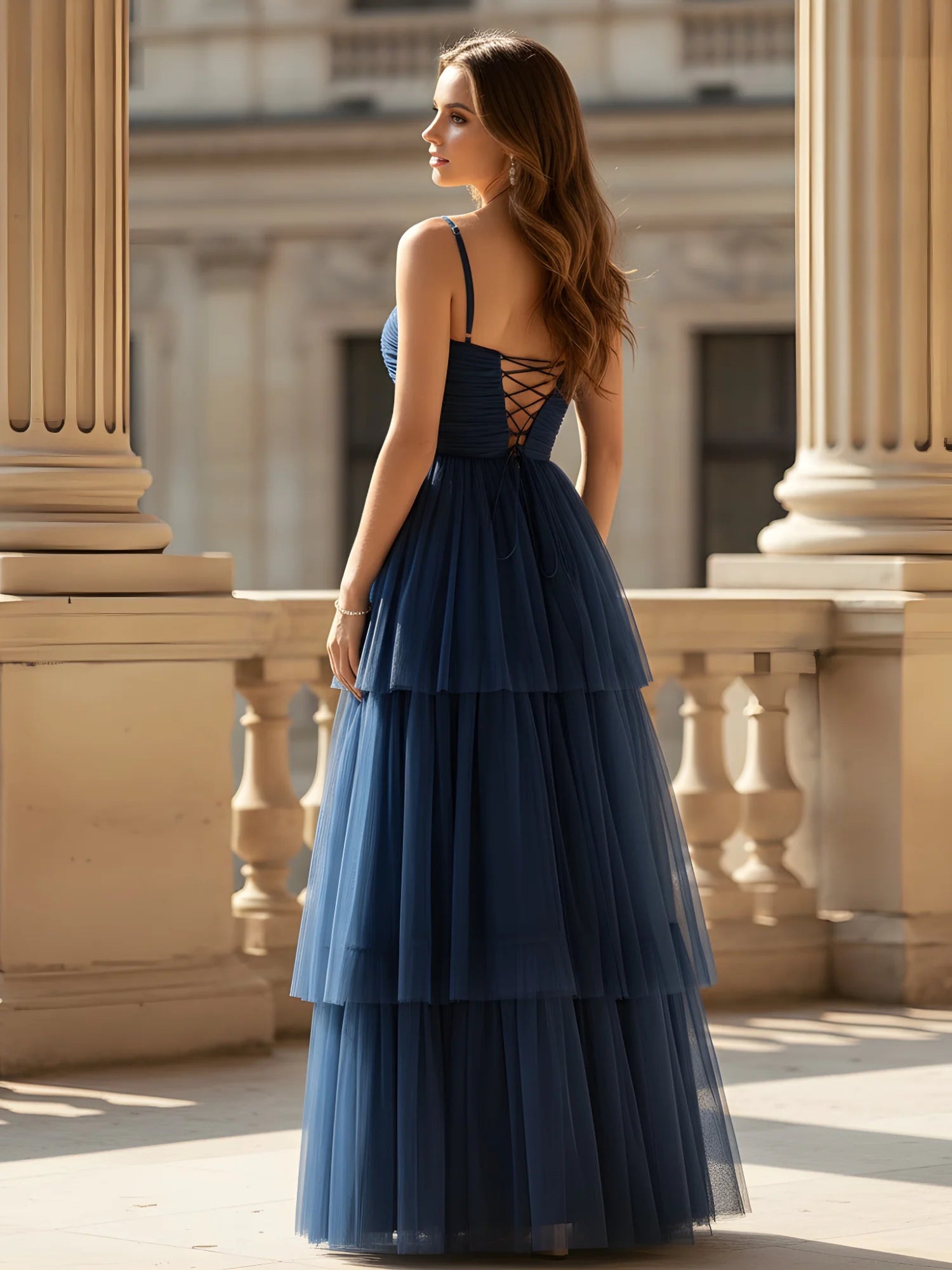 Elegant A-Line Square Neck Spaghetti Straps Lace-Up Back Tiered Tulle Floor-Length Evening Dress
