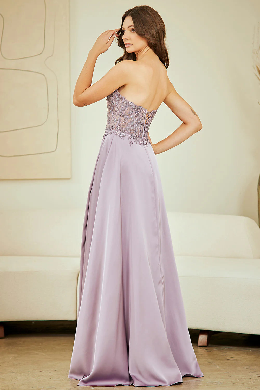 Elegant A-Line Strapless Sleeveless Lace-Up Floor-Length Satin Prom Dress