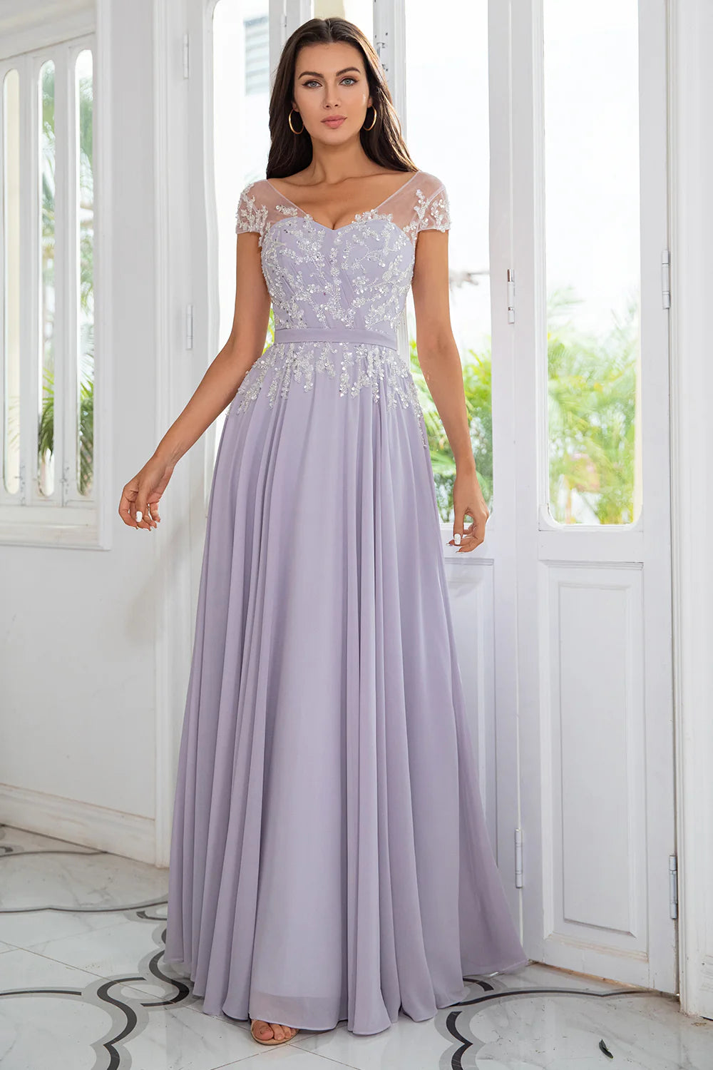 Elegant A-Line Sweetheart Neck Cap Sleeve Lace Applique Floor Length Mother of the Bride Dress