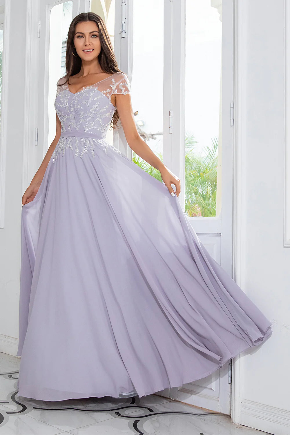 Elegant A-Line Sweetheart Neck Cap Sleeve Lace Applique Floor Length Mother of the Bride Dress