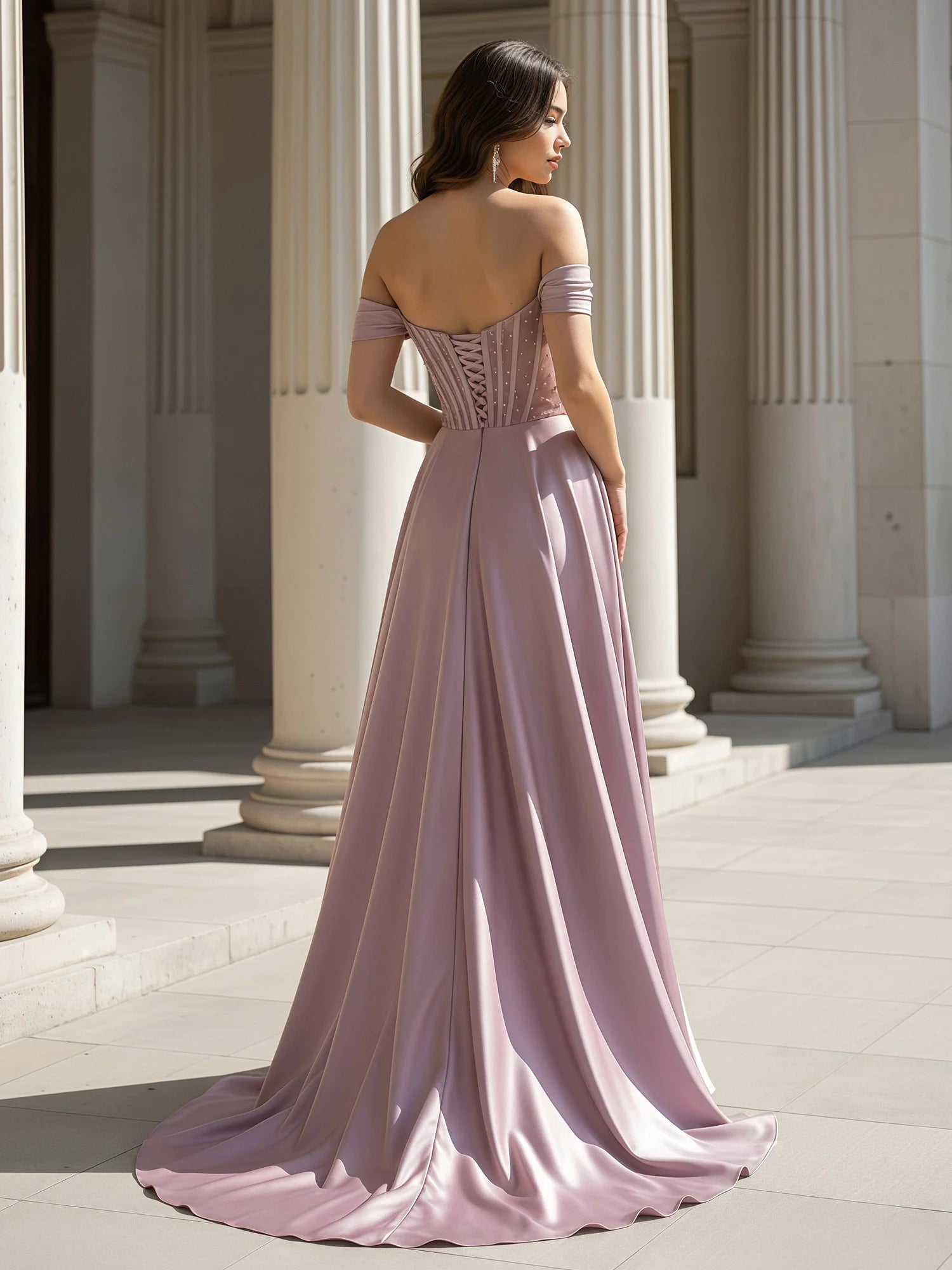 Elegant A-Line Sweetheart Neck Off Shoulder Lace-Up Back Floor Length Evening Dresses