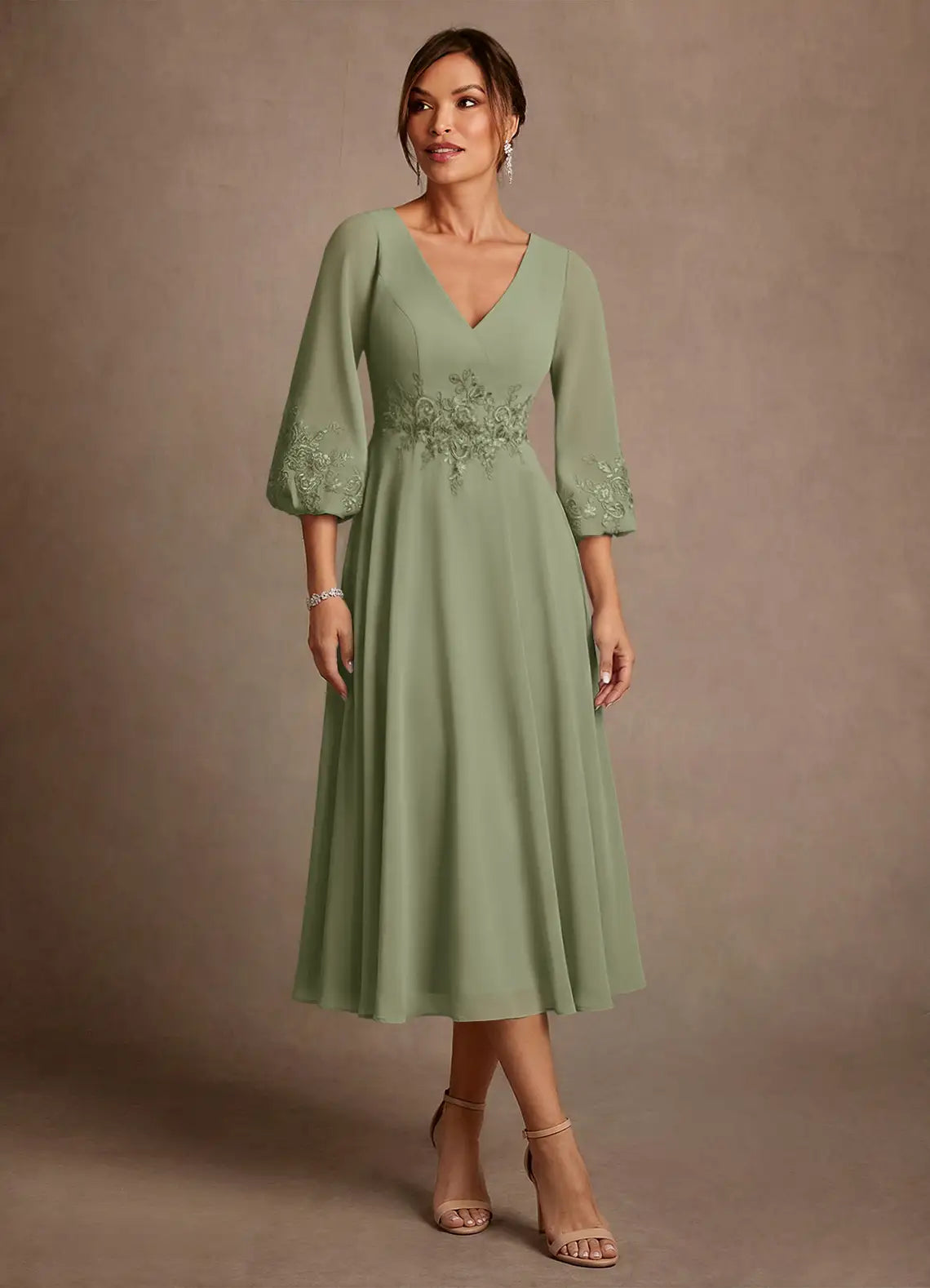Elegant A-Line V-Neck Bishop-Sleeve Tea-Length Lace & Chiffon Mother of the Bride Dress