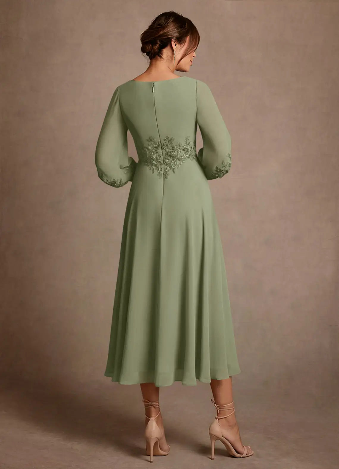 Elegant A-Line V-Neck Bishop-Sleeve Tea-Length Lace & Chiffon Mother of the Bride Dress