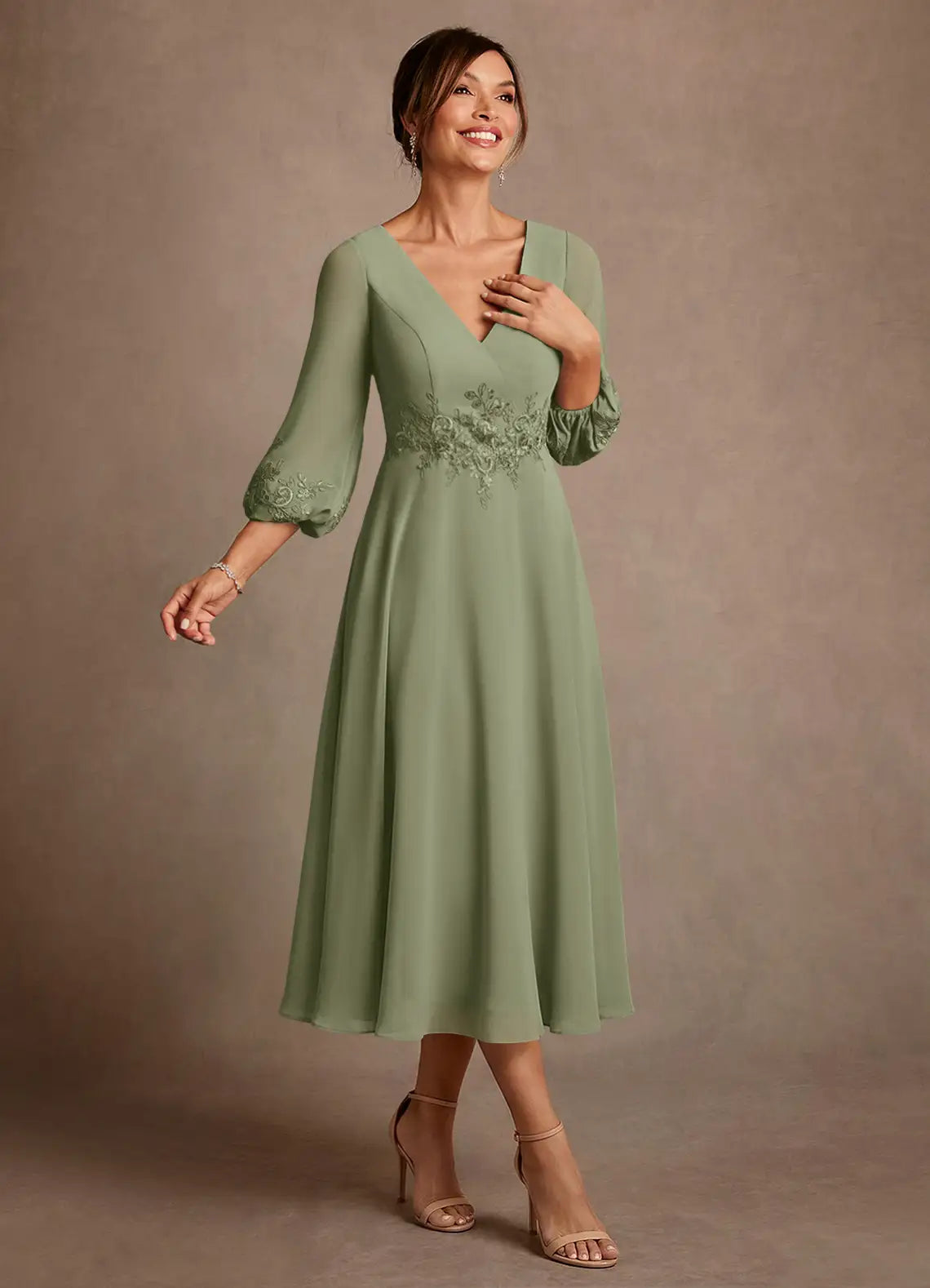 Elegant A-Line V-Neck Bishop-Sleeve Tea-Length Lace & Chiffon Mother of the Bride Dress