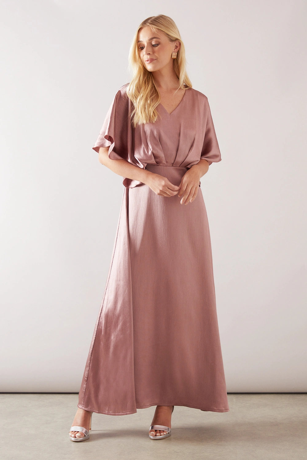 Elegant A-Line V-Neck Cape Sleeve Backless Floor Length Satin Evening Dress