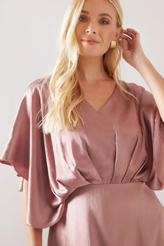 Elegant A-Line V-Neck Cape Sleeve Backless Floor Length Satin Evening Dress