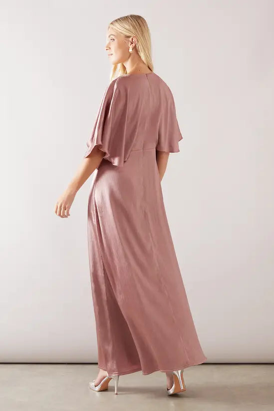 Elegant A-Line V-Neck Cape Sleeve Backless Floor Length Satin Evening Dress