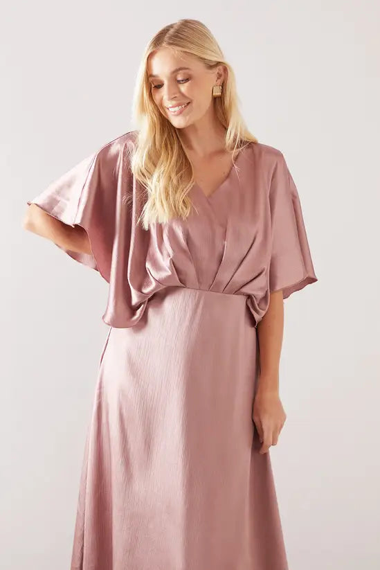 Elegant A-Line V-Neck Cape Sleeve Backless Floor Length Satin Evening Dress