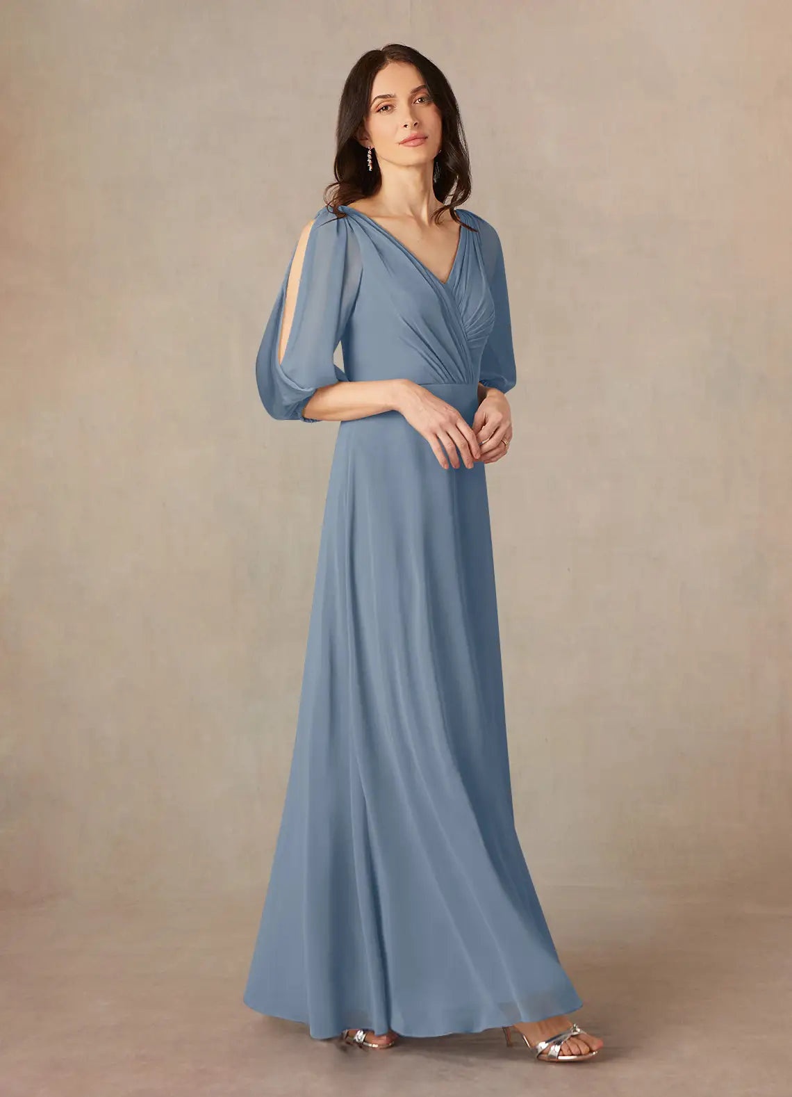 Elegant A-Line V-Neck Chiffon Cold Shoulder Puff Sleeve Floor Length Mother of the Bride Dress